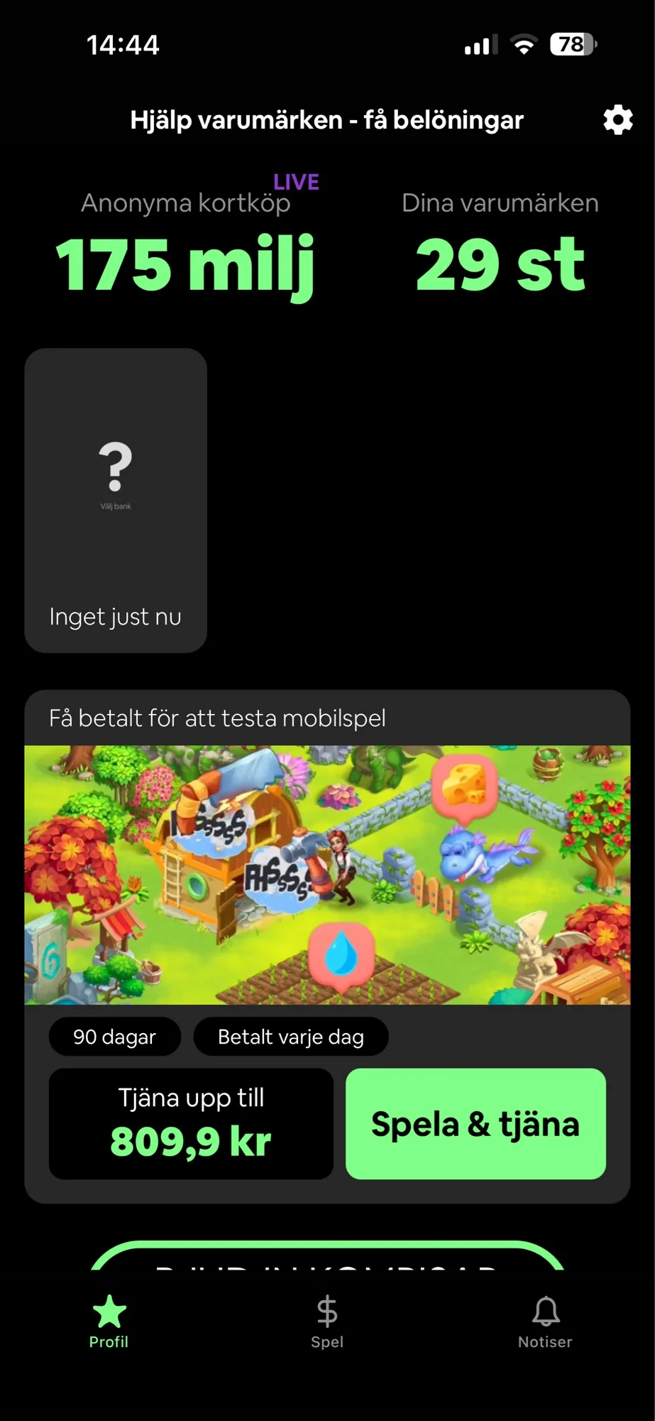 Skärmdump av Again-appen som visar erbjudande om att få betalt för att testa mobilspel och tjäna upp till 809,9 kr