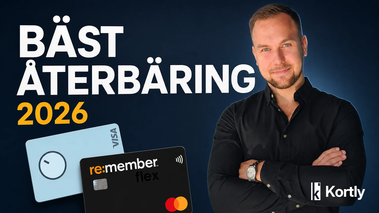 Marcus Lindblad bredvid två kreditkort med bäst återbäring: Bank Norwegian och re:member flex