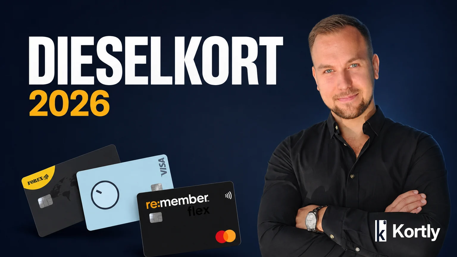 Marcus Lindblad bredvid tre kort att tanka diesel med: Forex Kreditkort, Bank Norwegian och re:member flex