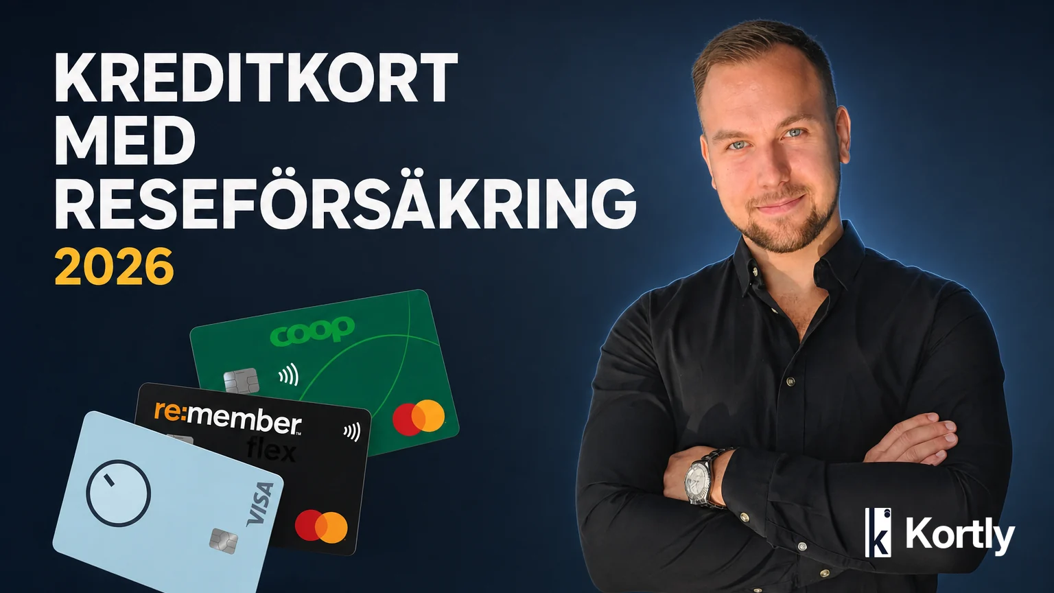 Marcus Lindblad bredvid tre kreditkort med reseförsäkring: Bank Norwegian, re:member flex och Coop Mastercard