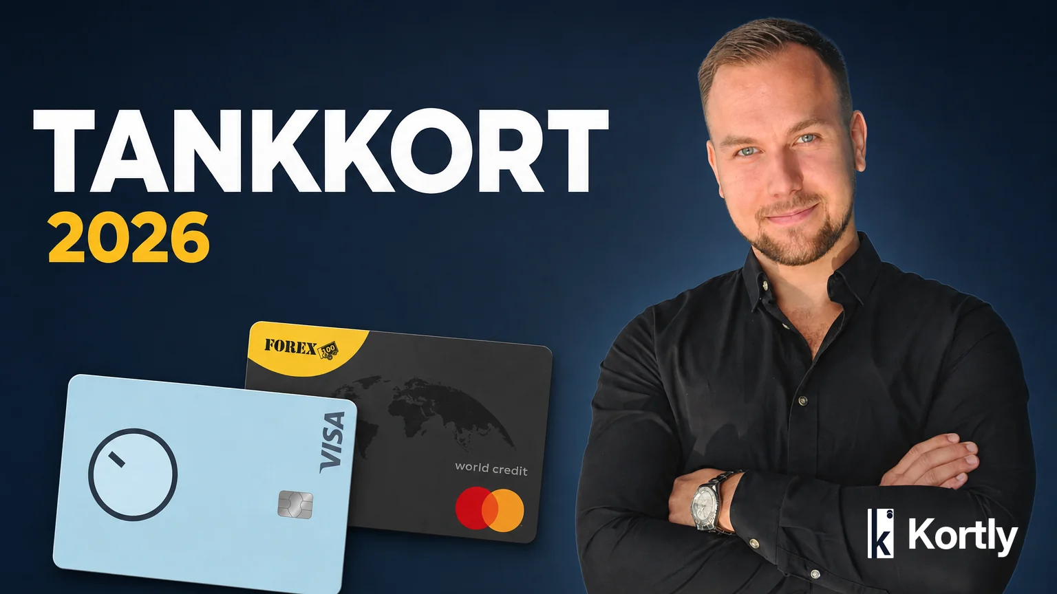 Marcus Lindblad bredvid två tankkort: Forex Kreditkort och Bank Norwegian